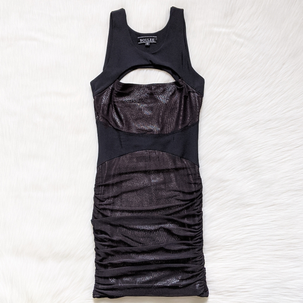 Boulee Metallic Black Cutout Ruched Side Mini Dress I Size 0